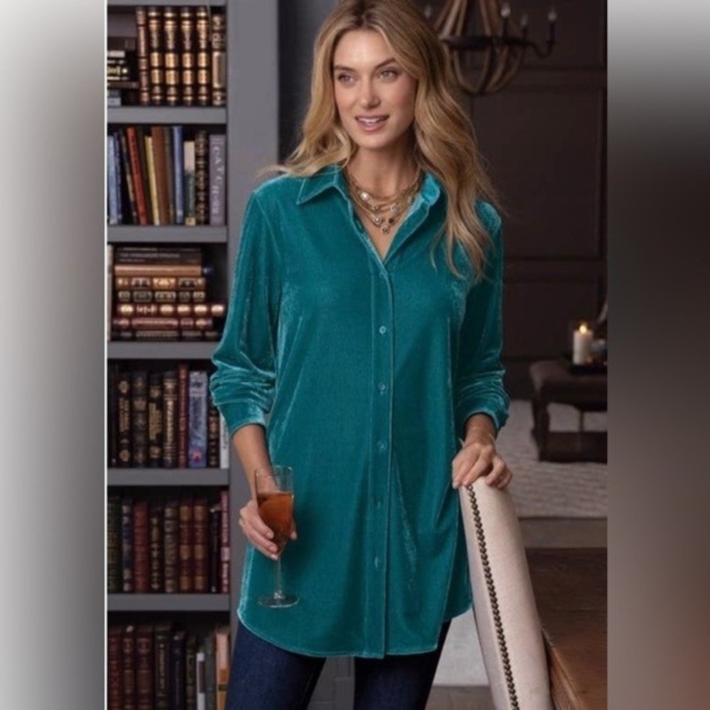 Soft Surroundings -465 Teal Green Velvet Button Down Tunic Topβ Womens Medium